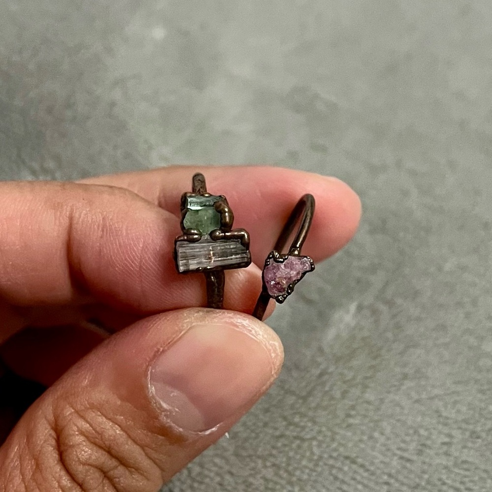 Set of 2 Tourmaline Raw Crystal Rings Electroformed in Copper Size 7